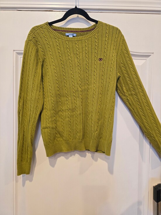 Izod Sweaters - IZOD Cable Knit Sweater Chartreuse Green Crew Neck Purple Logo Womens Large